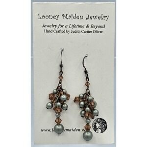 VTG NWT Bridesmaid Smky Pearl Looney Maiden Jewelry Bead Dangle Cluster Earrings
